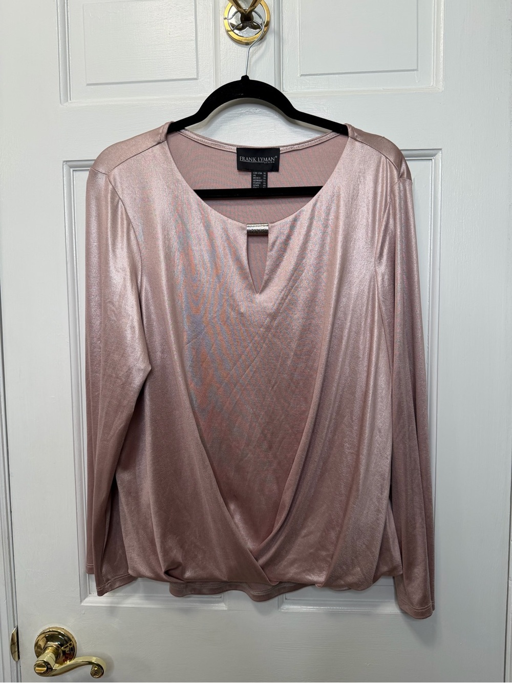 Frank Lyman Design Metallic Faux Wrap Keyhole Top Long Sleeve Blouse Size 16